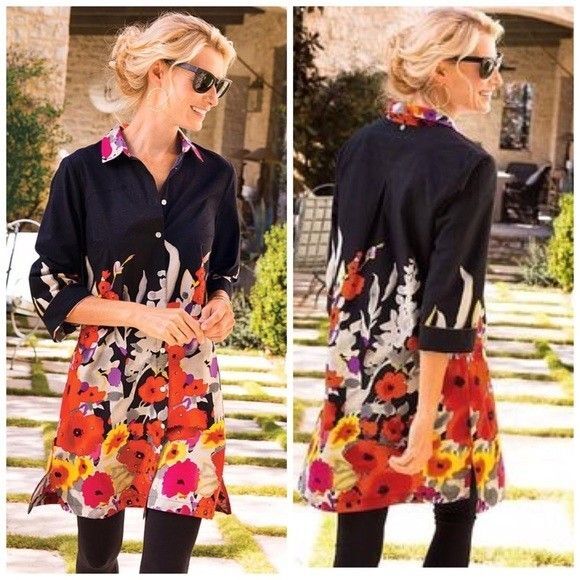 NEW Soft Surroundings Floral Provence Shirt Dress Black Red Size XS Embellished - Picture 1 of 9